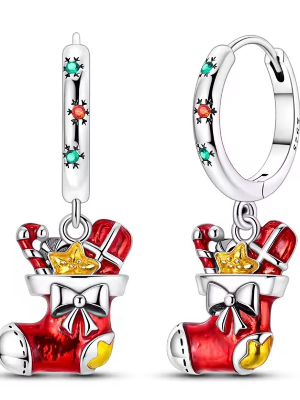Sterling Silver Christmas Stocking Drop Earrings with Red Enamel